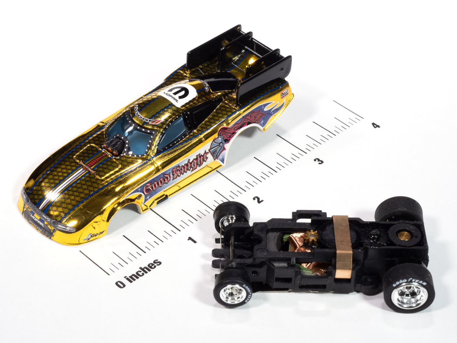 Auto World 4Gear 2022 Dodge Charger Good Knight FC (Gold Chrome, Black, Blue & Red) HO Scale Slot Car