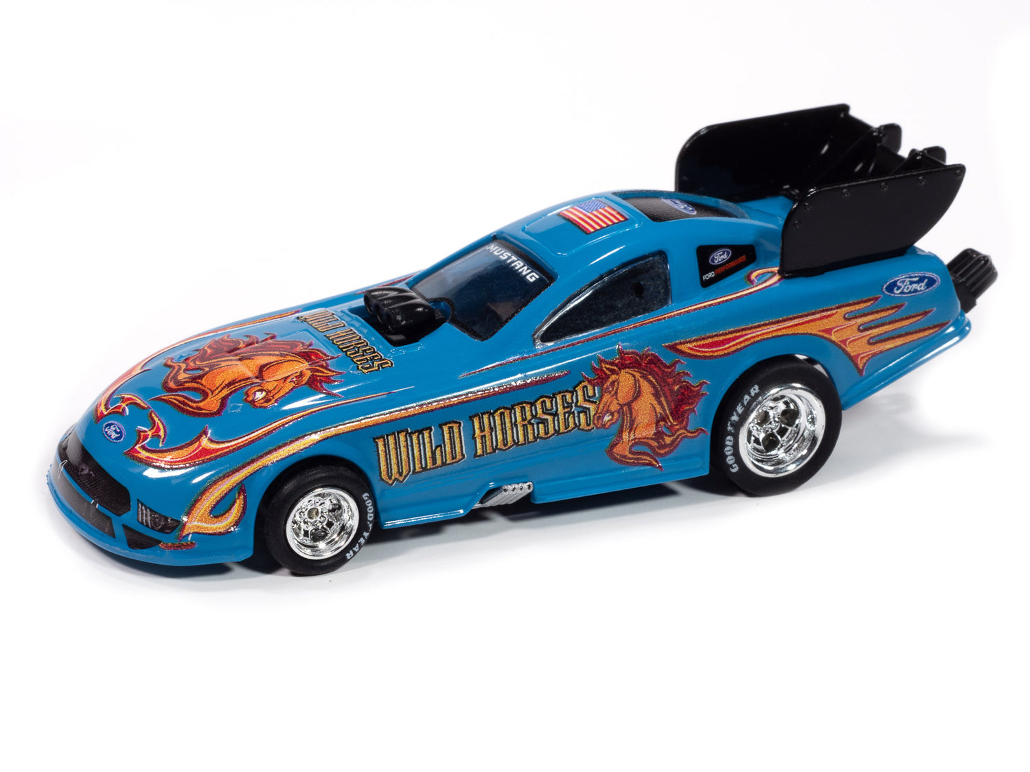 Auto World 4Gear 2022 Ford Mustang GT Wild Horses FC (Blue, Red, & Orange) HO Scale Slot Car