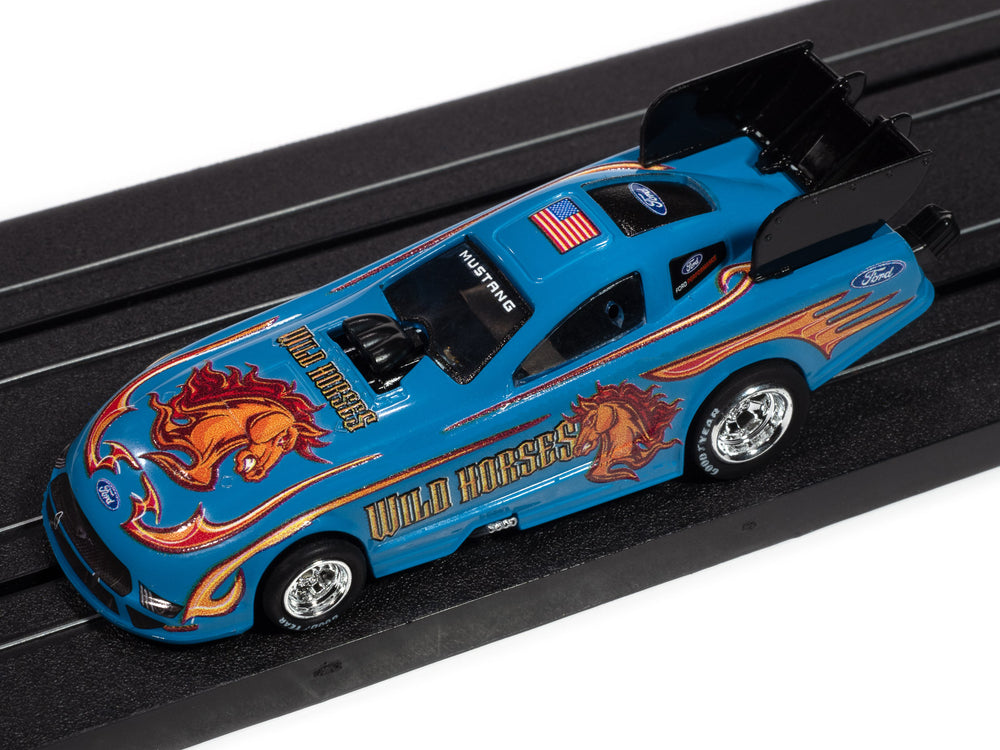 Auto World 4Gear 2022 Ford Mustang GT Wild Horses FC (Blue, Red, & Orange) HO Scale Slot Car