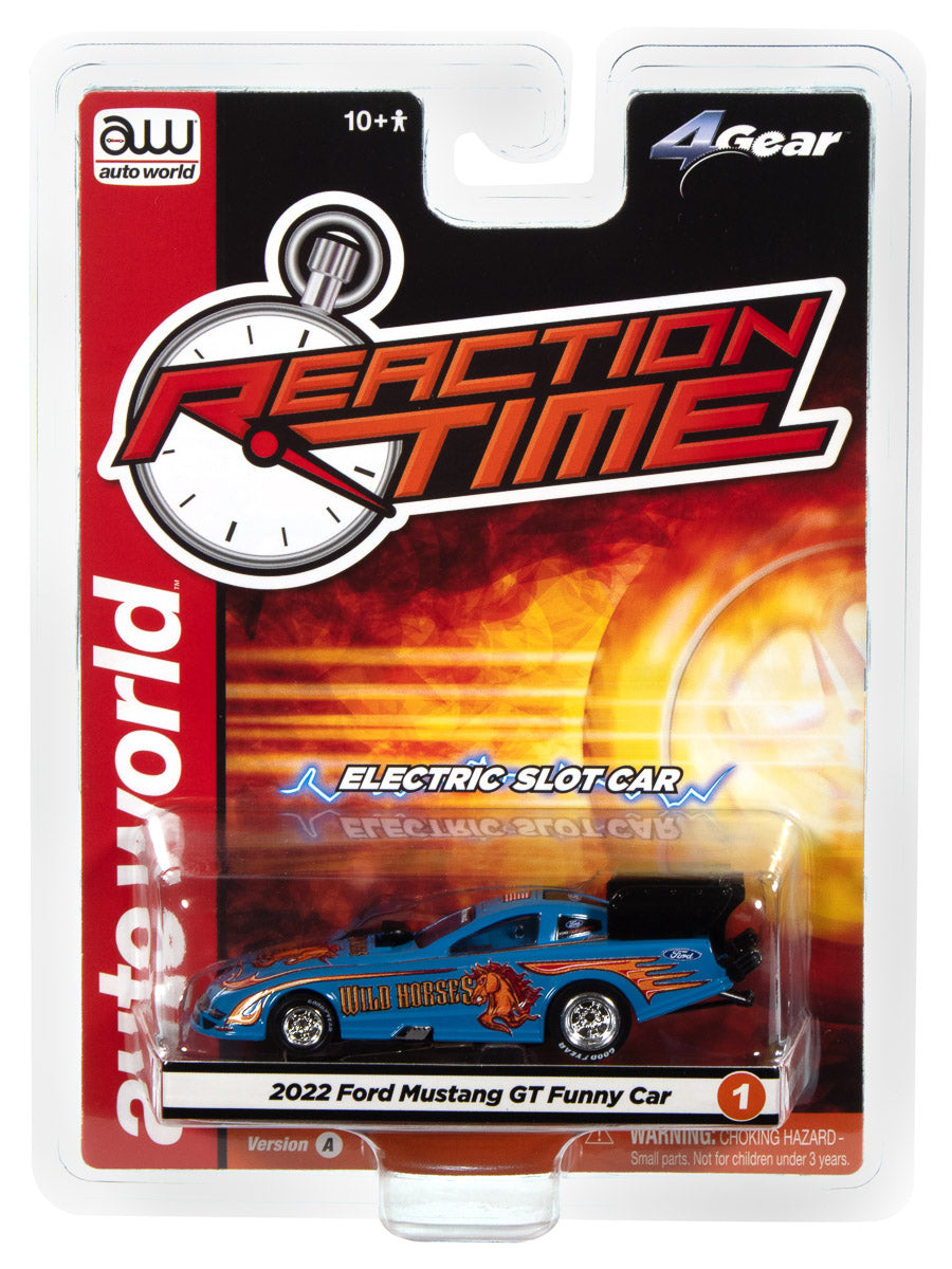 Auto World 4Gear 2022 Ford Mustang GT Wild Horses FC (Blue, Red, & Orange) HO Scale Slot Car