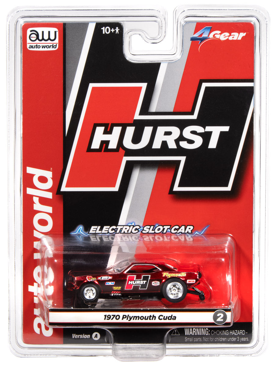 "PRE-ORDER" Auto World 4Gear 1970 Plymouth Barracuda Drag Hurst Shifters (Red) HO Scale Slot Car (DUE MARCH 2026)