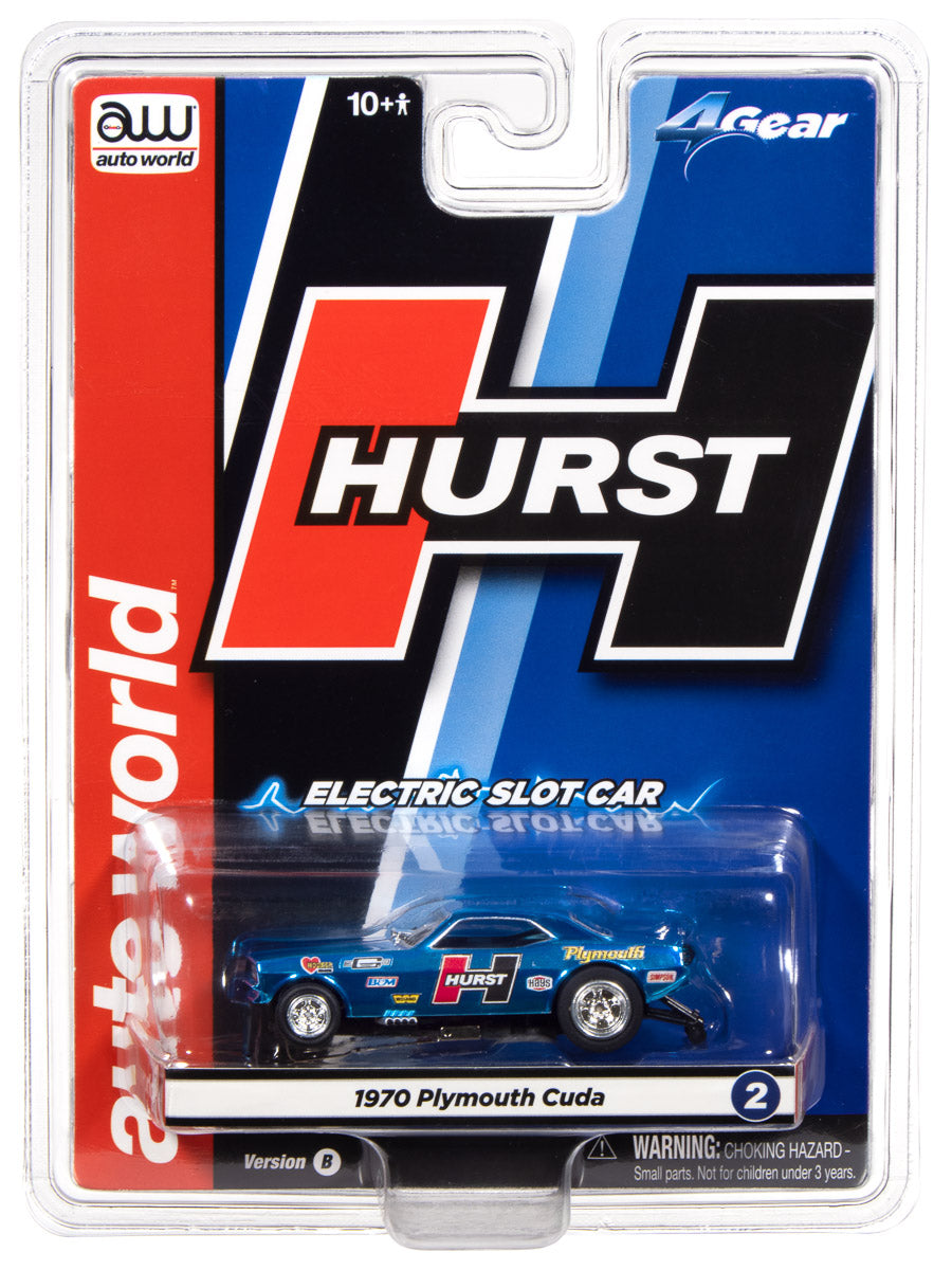 "PRE-ORDER" Auto World 4Gear 1970 Plymouth Barracuda Drag Hurst Shifters (Blue) HO Scale Slot Car (DUE MARCH 2026)