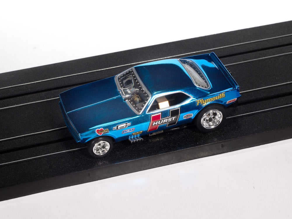 "PRE-ORDER" Auto World 4Gear 1970 Plymouth Barracuda Drag Hurst Shifters (Blue) HO Scale Slot Car (DUE MARCH 2026)
