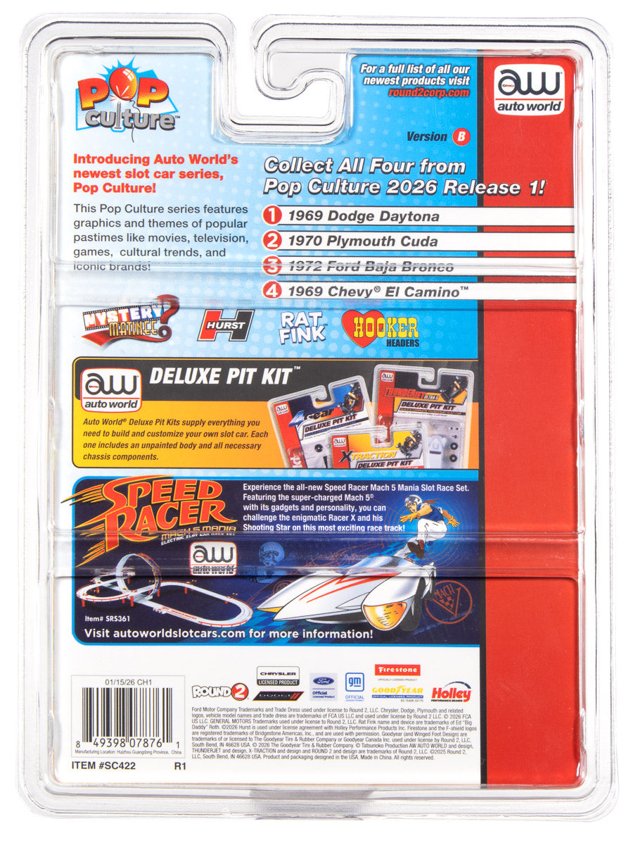 "PRE-ORDER" Auto World 4Gear 1970 Plymouth Barracuda Drag Hurst Shifters (Blue) HO Scale Slot Car (DUE MARCH 2026)