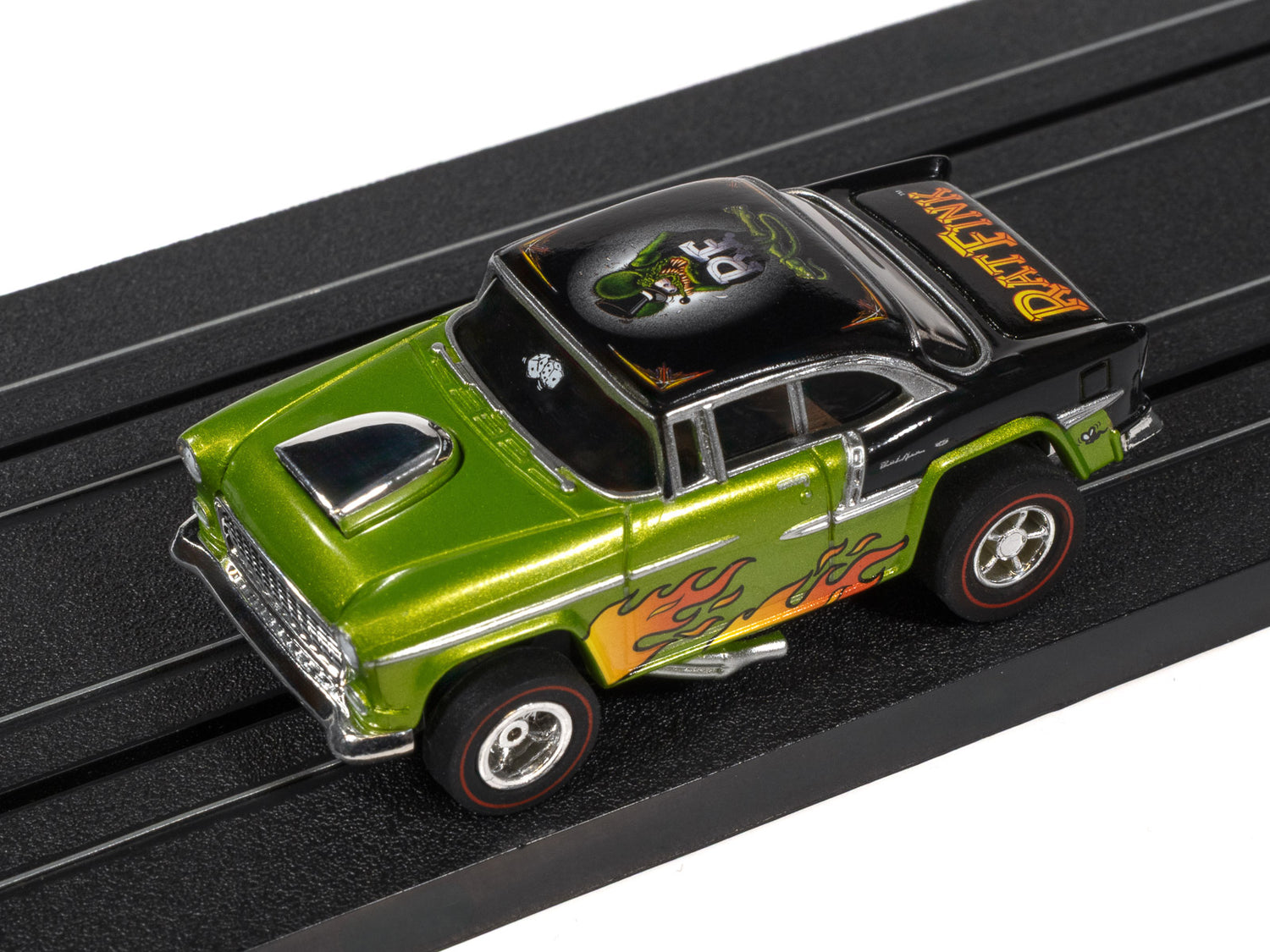 "PRE-ORDER" Auto World Xtraction 1955 Chevy Bel Air Rat Fink Version B (Lime Green) HO Scale Slot Car (DUE OCTOBER 2026)