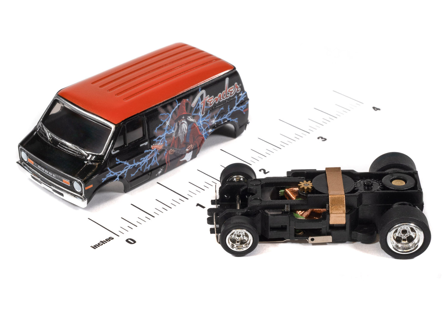 "PRE-ORDER" Auto World 4Gear 4Gear 1973 Dodge Van Fender Version B (Black & Red w/Wizard Graphics) HO Scale Slot Car (DUE OCTOBER 2026)