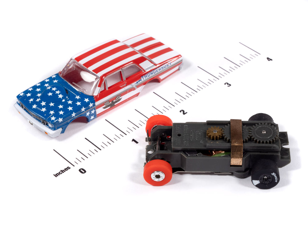 Auto World Thunderjet 1964 Ford Thunderbolt Version A (White, Red & Blue) HO Scale Slot Car