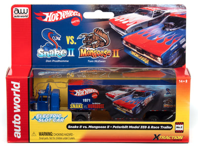 Auto World Xtraction Racing Rig Peterbilt 359 w/trailer Snake II vs Mongoose II HO Scale Slot Car