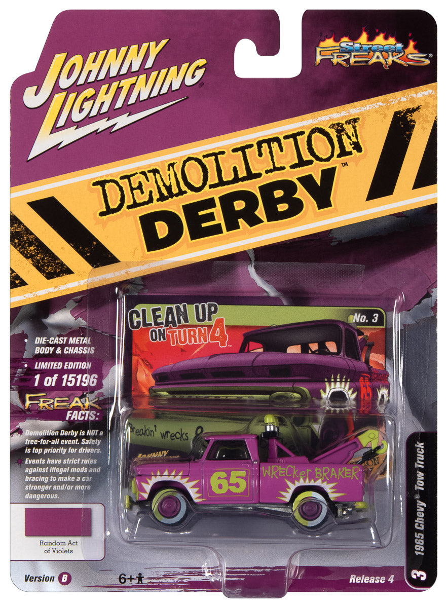 Johnny Lightning Street Freaks 1965 Chevy Truck Tow Truck (Demolition Derby) ( Flat Bright Purple) 1:64 Scale Diecast