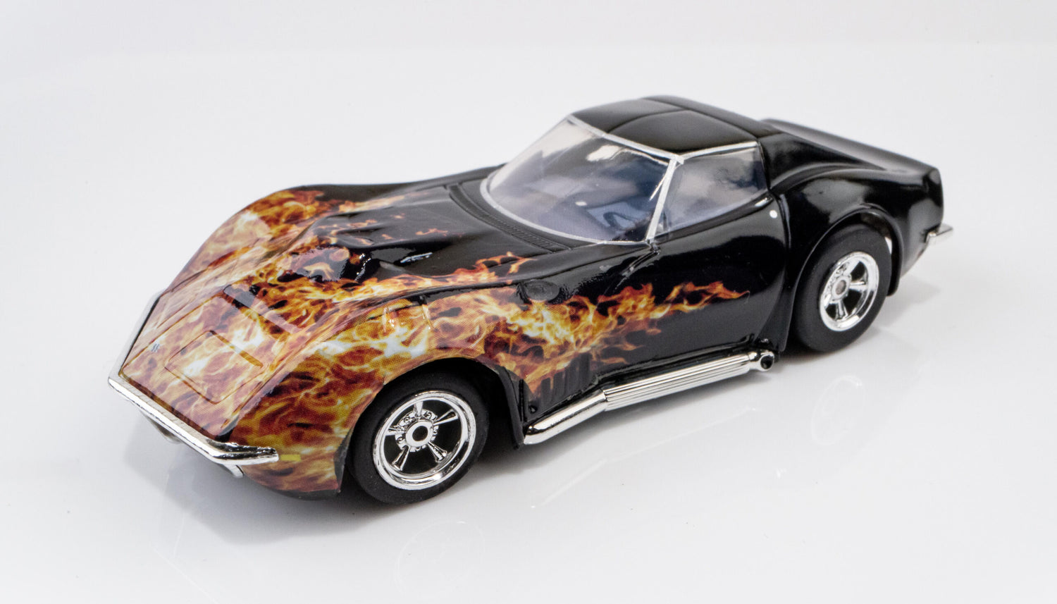 1968 black Corvette L88 slot car with flames on the hood