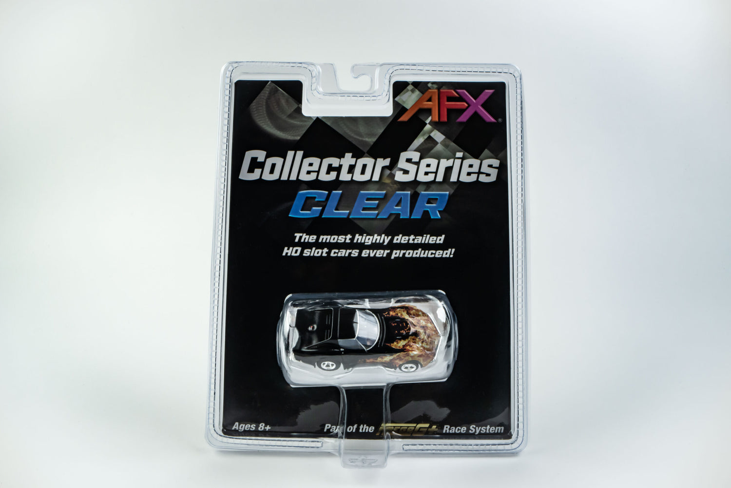 Packaged 1968 black Corvette L88 slot car with flames on the hood