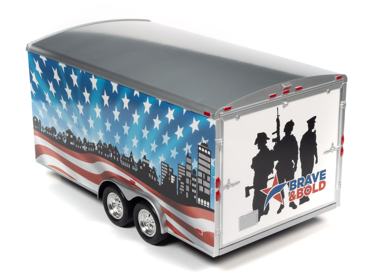 Rear drivers side view of the American Muscle Enclosed Trailer (Patriotic Brave & Bold) 1:18 Scale Diecast