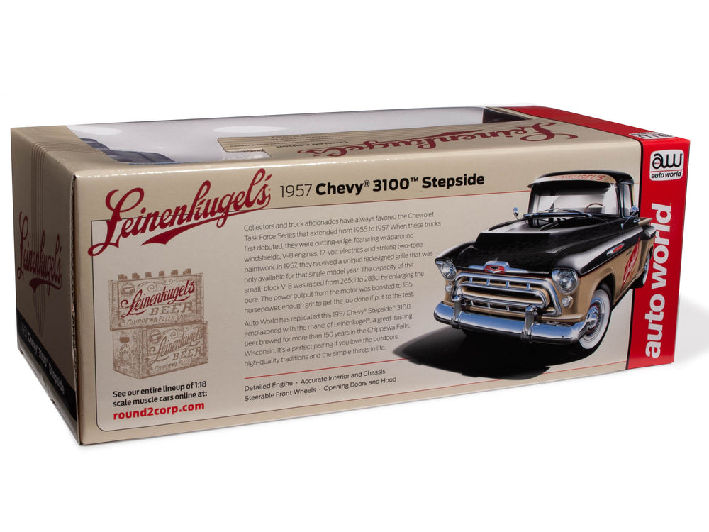 Auto World 1957 Chevrolet 3100 Stepside Pickup Truck Leinenkugel's 1:18 Scale Diecast
