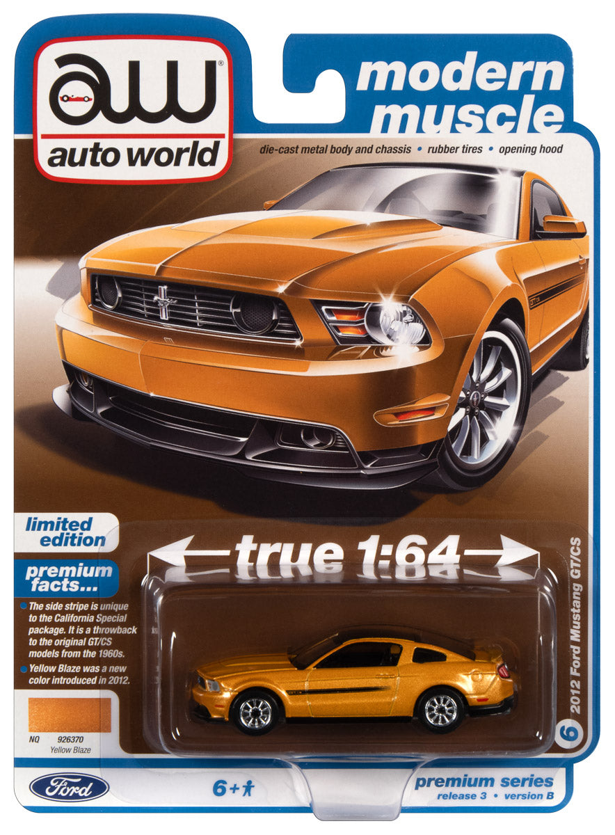 Auto World 2012 Mustang GT/CS (Yellow Blaze Tricoat w/Black GT/CS Side Stripes) 1:64 Diecast