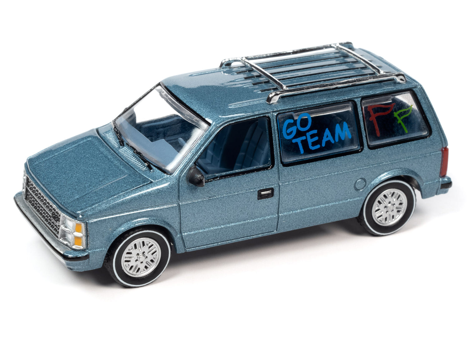 Auto World Worlds Best Mom 1984 Dodge Caravan w/Base & Trading Card (Silver/Blue) 1:64 Scale Diecast