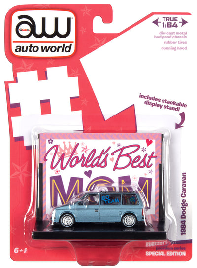 Auto World Worlds Best Mom 1984 Dodge Caravan w/Base & Trading Card (Silver/Blue) 1:64 Scale Diecast