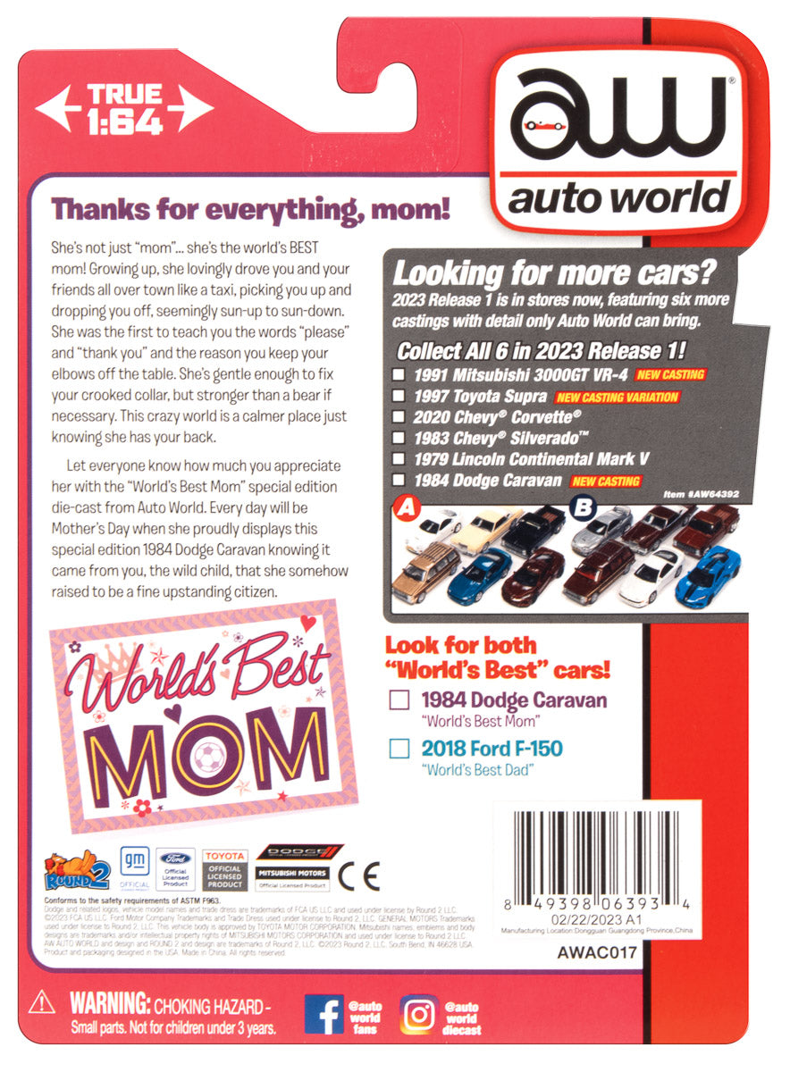 Auto World Worlds Best Mom 1984 Dodge Caravan w/Base & Trading Card (Silver/Blue) 1:64 Scale Diecast