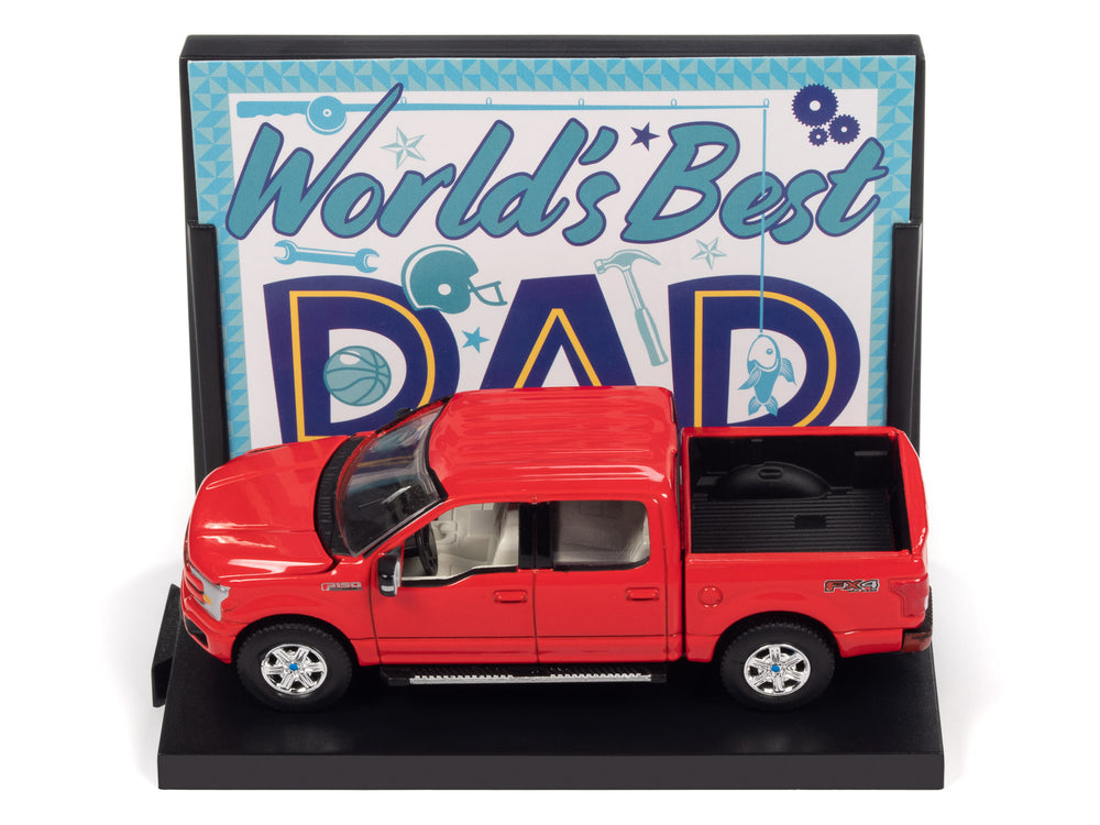 Auto World Worlds Best Dad 2018 Ford F150 Lariat Pickup Truck w/Base & Trading Card (Red) 1:64 Scale Diecast