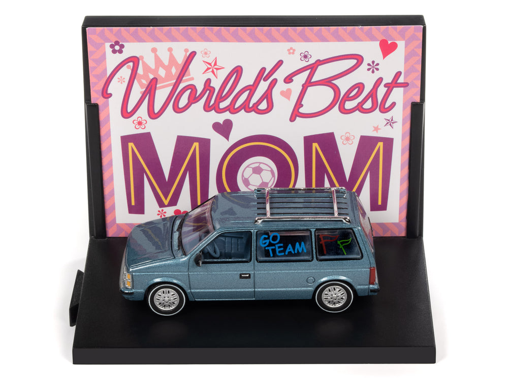 Auto World Worlds Best Mom 1984 Dodge Caravan w/Base & Trading Card (Silver/Blue) 1:64 Scale Diecast