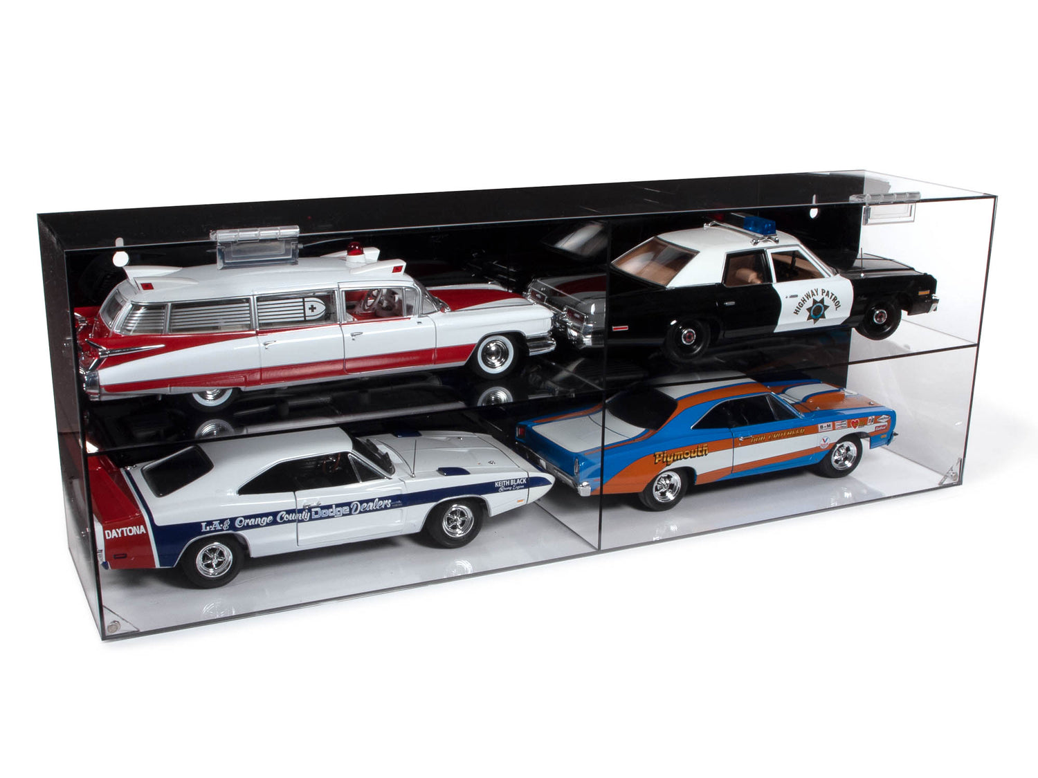 Auto World 4 Car Acrylic Display Case with Door Clear w/ Black Back 1:18 Scale