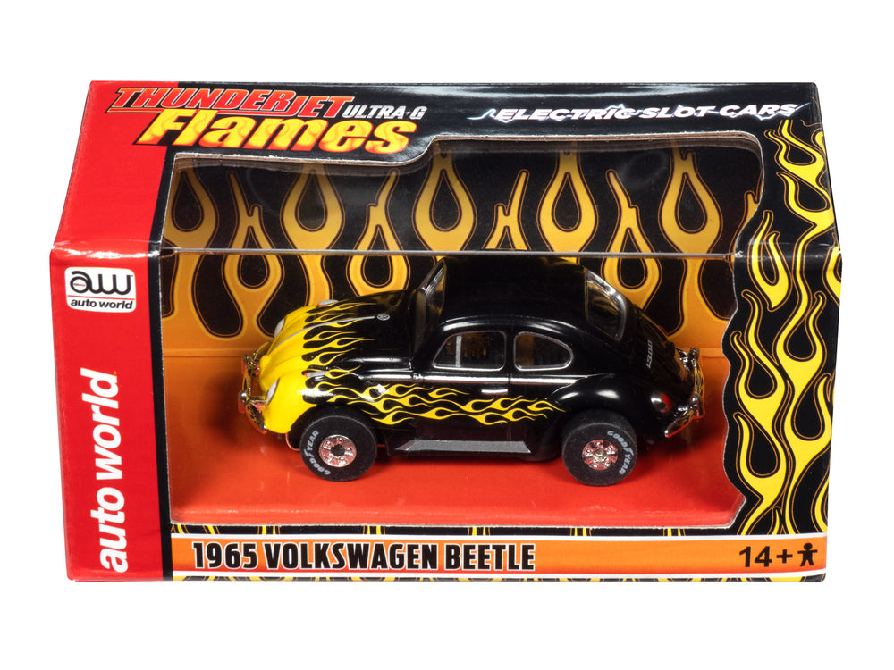 Auto World Thunderjet 1965 VW Beetle (Black w/ Yellow Flames) HO Slot Car