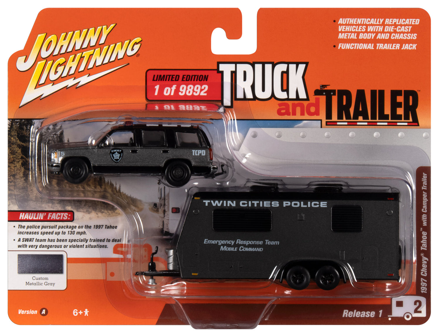 Johnny Lightning 1997 Chevy Tahoe w/Camper Trailer (Police SWAT) 1:64 Diecast