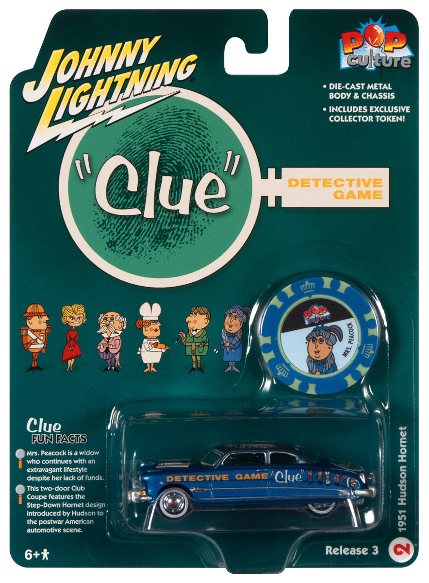 Johnny Lightning Vintage Clue - 1951 Hudson Hornet (Mrs. Peacock & Conservatory & Candlestick) w/Poker Chip 1:64 Scale Diecast