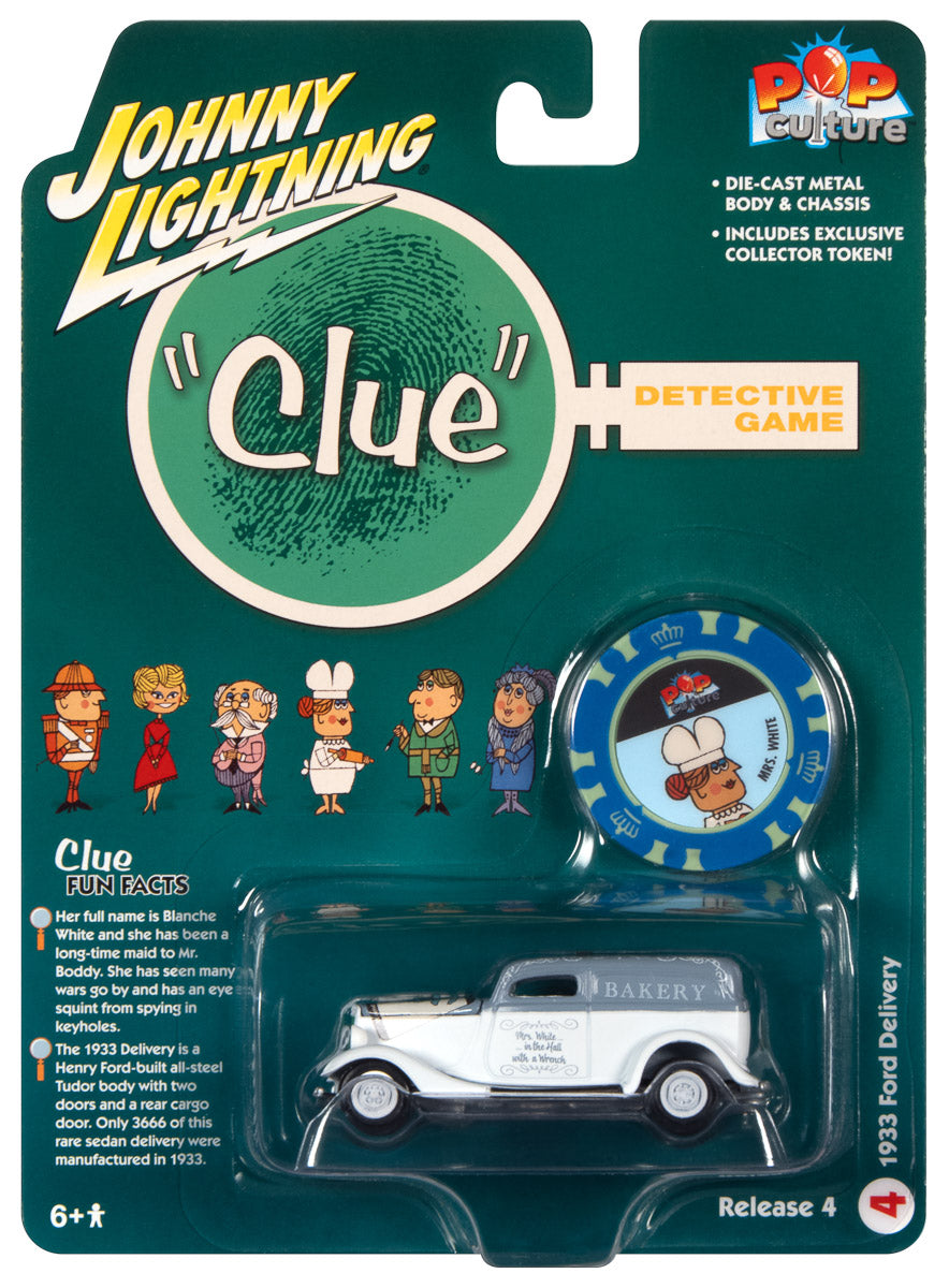 Johnny Lightning Vintage Clue 1933 Ford Delivery Mrs. White, Hall w/Wrench & Poker Chip 1:64 Scale Diecast