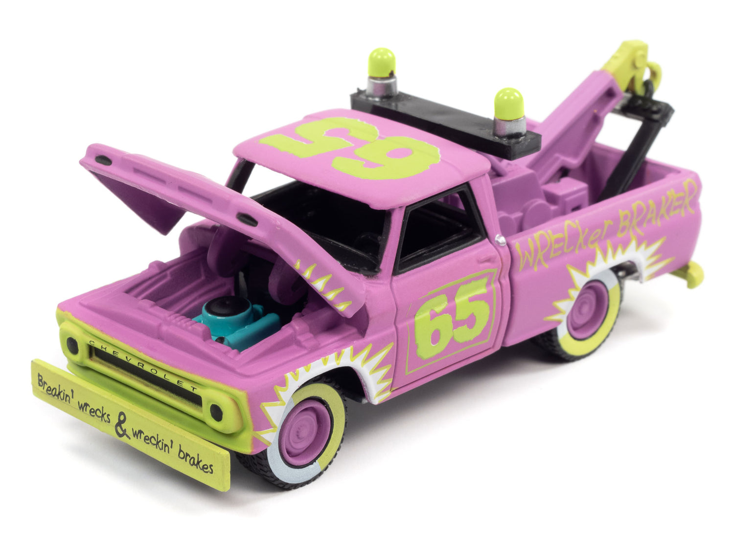 Johnny Lightning Street Freaks 1965 Chevy Truck Tow Truck (Demolition Derby) ( Flat Bright Purple) 1:64 Scale Diecast