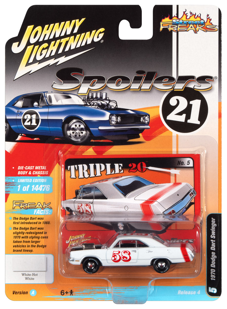 Johnny Lightning Street Freaks 1970 Dodge Dart (Spoilers) (Gloss White w/Red Stripe) 1:64 Scale Diecast