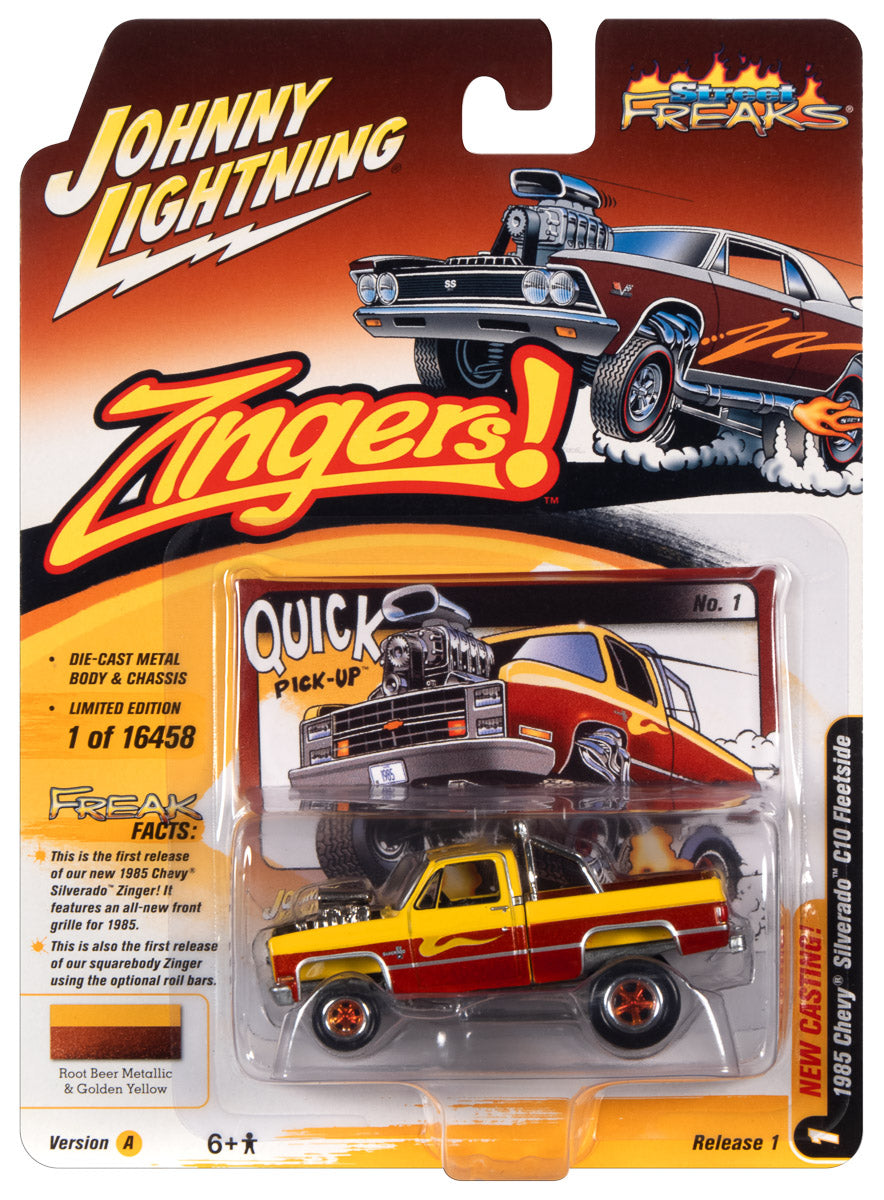 Johnny Lightning Street Freaks 1985 Chevrolet Silverado (Zinger) (Sunflower Yellow & Root Beer Metallic) 1:64 Scale Diecast