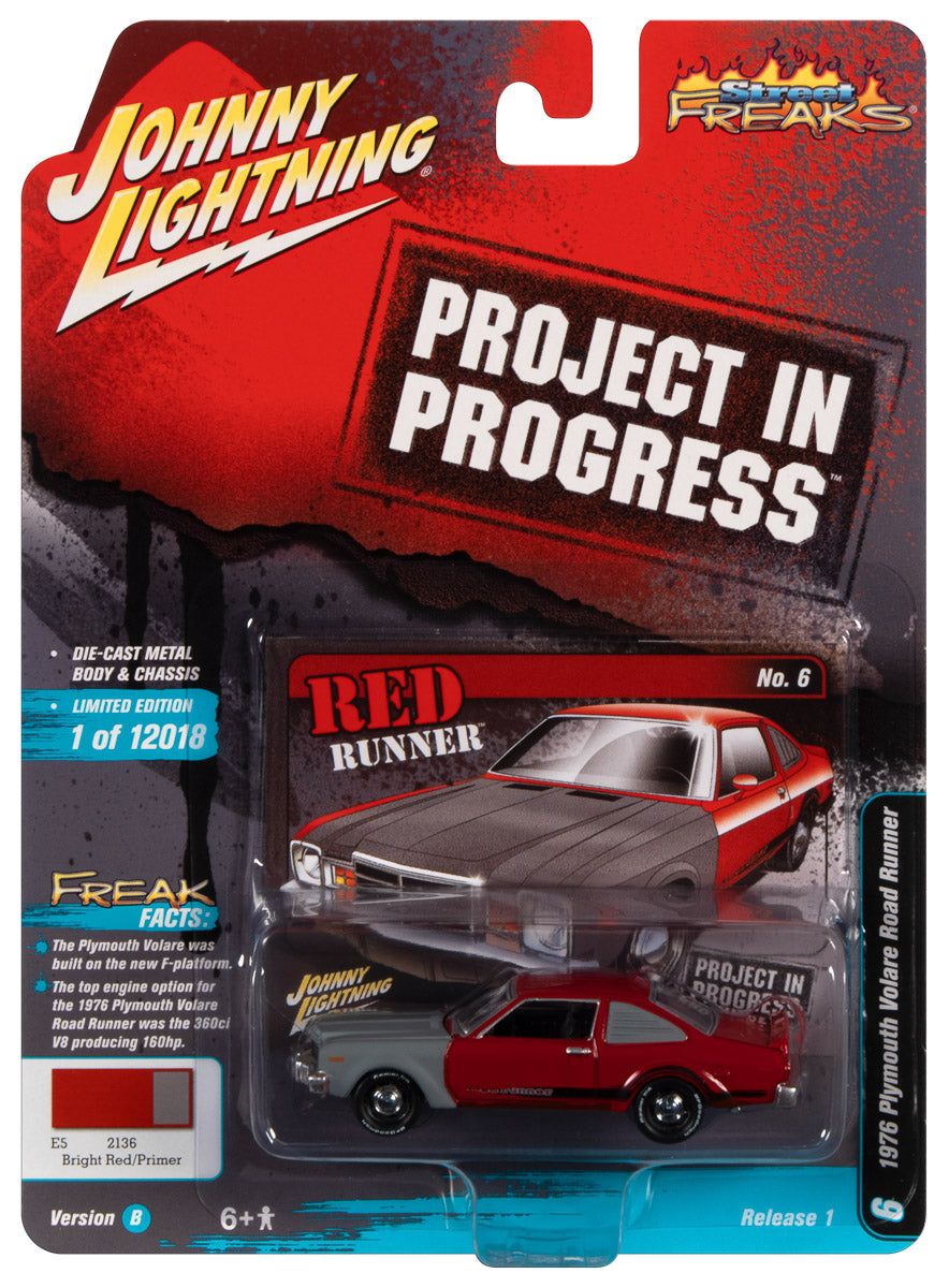 Johnny Lightning Street Freaks 1976 Plymouth Road Runner (Bright Red & Primer Gray) 1:64 Scale Diecast