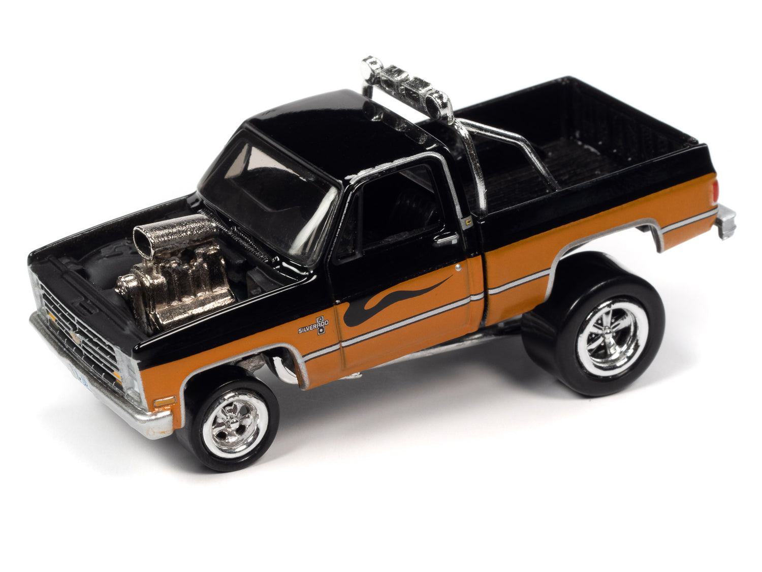Johnny Lightning Street Freaks 1985 Chevrolet Silverado (Zinger) (Gloss Black & Sunset Orange Metallic) 1:64 Scale Diecast