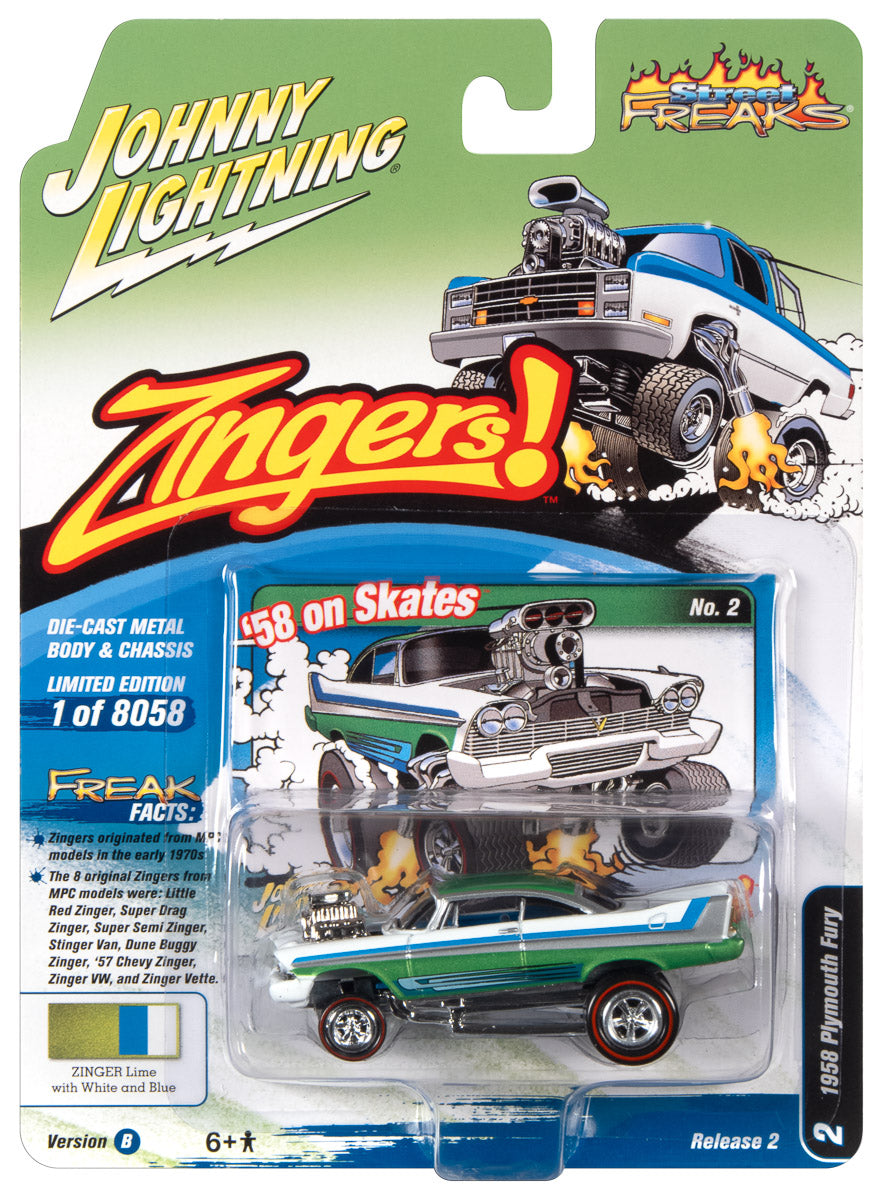 Johnny Lightning Street Freaks 1958 Plymouth Fury (Zingers) (Metallic Lime w/White) 1:64 Scale Diecast