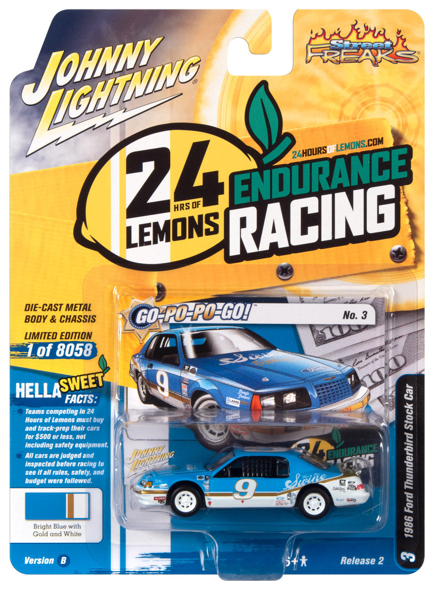 Johnny Lightning Street Freaks 1986 Ford Thunderbird Stock Car (24hrs of LeMons) (Bright Blue w/White & Gold Stripes) 1:64 Scale Diecast