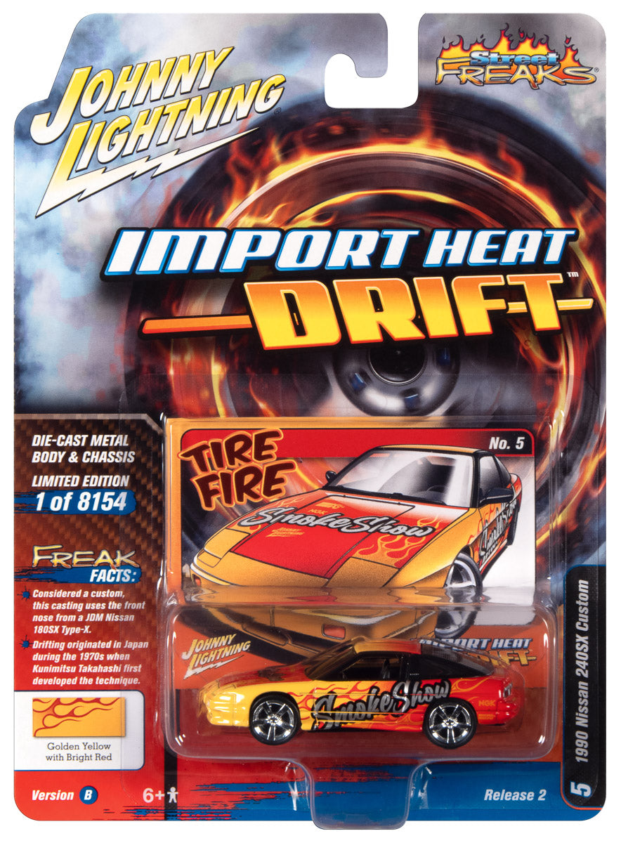 Johnny Lightning Street Freaks 1990 Nissan 240SX (Import Heat/Drift) ( Red & Yellow Smoke Show Graphics) 1:64 Scale Diecast