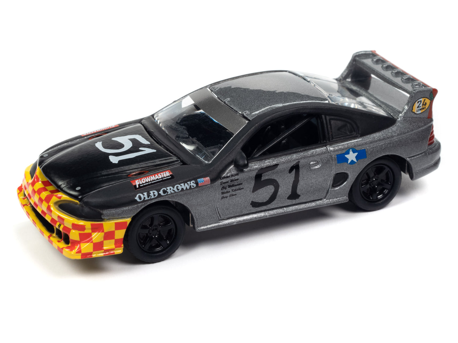 Johnny Lightning Street Freaks 1990s Ford Mustang Race Car (24hrs of LeMons) (Flat Black/Dark Silver, Old Crows Graphics) 1:64 Scale Diecast