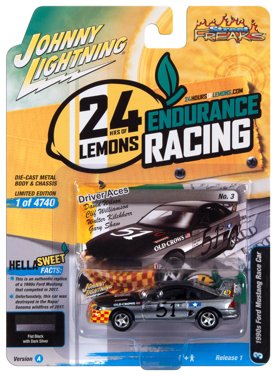 Johnny Lightning Street Freaks 1990s Ford Mustang Race Car (24hrs of LeMons) (Flat Black/Dark Silver, Old Crows Graphics) 1:64 Scale Diecast