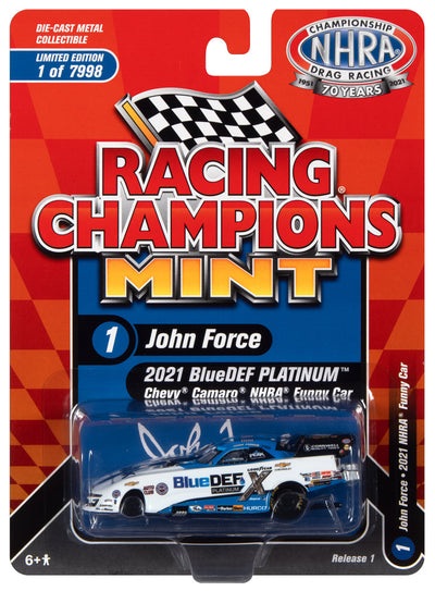 Racing Champions 2021 John Force Blue Def Camaro FC (White & Blue w/Race Graphics) 1:64 Diecast