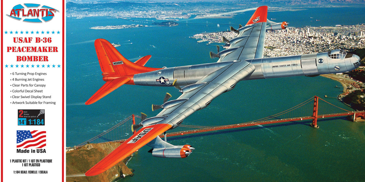 Atlantis B-36 Peacemaker Bomber United States Air Force (USAF) with Swivel Stand 1:184 Scale Model Kit