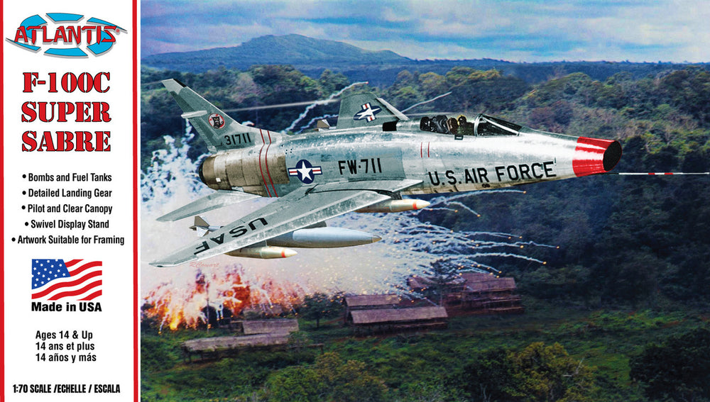 Atlantis F-100C Super Sabre United States Air Force (USAF) with Swivel Stand 1:70 Scale Model Kit