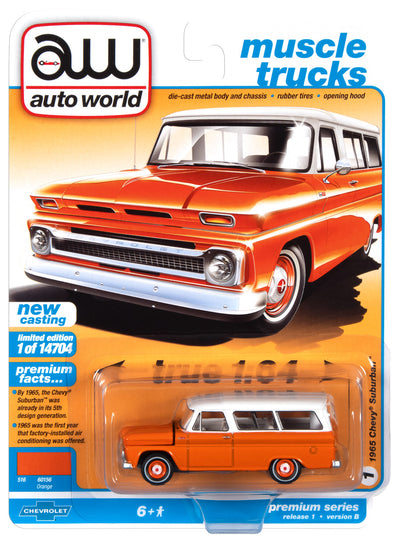 Auto World 1965 Chevrolet Suburban (Orange with White Roof) 1:64 Diecast