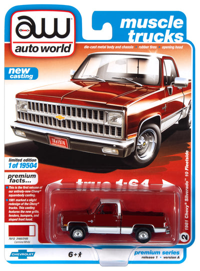 Auto World 1981 Chevrolet Silverado 10 (Carmine Red with White Roof and Lower Sides) 1:64 Diecast