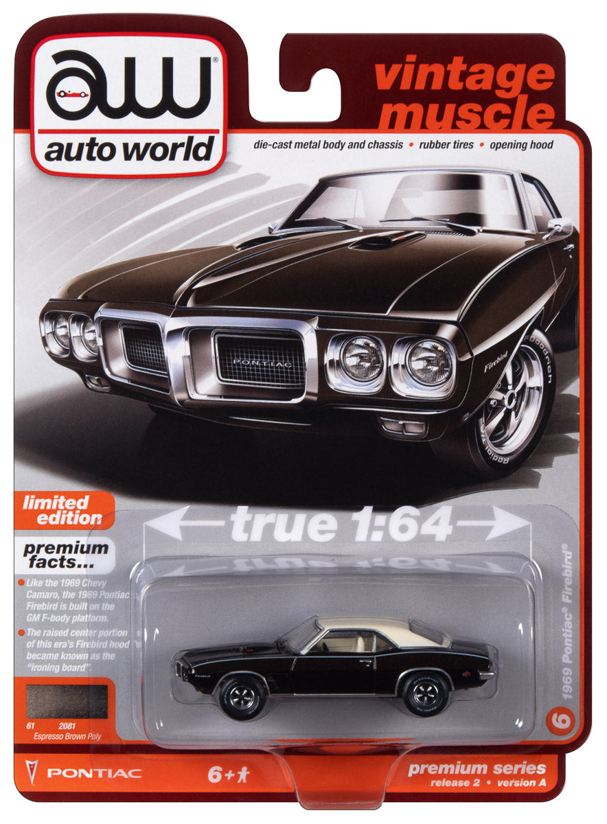 Auto World 1969 Pontiac Firebird (Expresso Brown Poly w/Flat White Roof) 1:64 Diecast