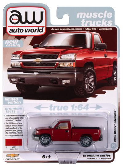 "PRE-ORDER" Auto World 2003 Chevy Silverado Truck (Single Cab, Short Bed Fleetside)  NEW TOOLING (Victory Red) 1:64 Diecast (DUE APRIL 2024)