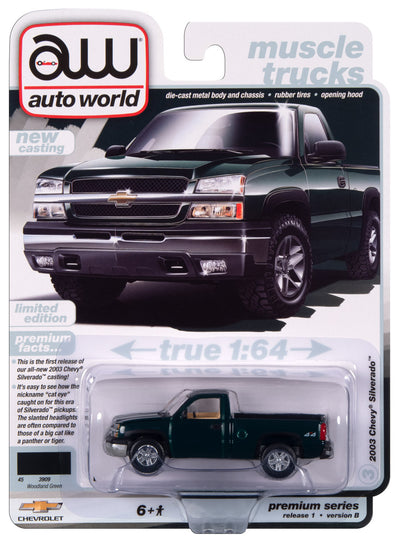 "PRE-ORDER" Auto World 2003 Chevy Silverado Truck (Single Cab, Short Bed Fleetside)  NEW TOOLING (Dark Green) 1:64 Diecast (DUE APRIL 2024)