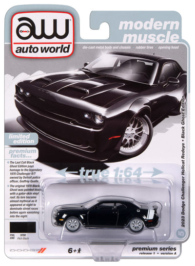 "PRE-ORDER" Auto World Black Ghost 2023 Dodge Challenger Hellcat Redeye (Gloss Black Body Color w/Rear White Stripe & Gator Top Roof) 1:64 Diecast (DUE APRIL 2024)