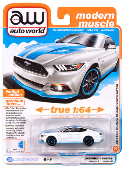 Auto World Petty's Garage 2016 Ford Mustang GT King Premier Edition (White Body w/Petty Blue Ground Effects) 1:64 Diecast