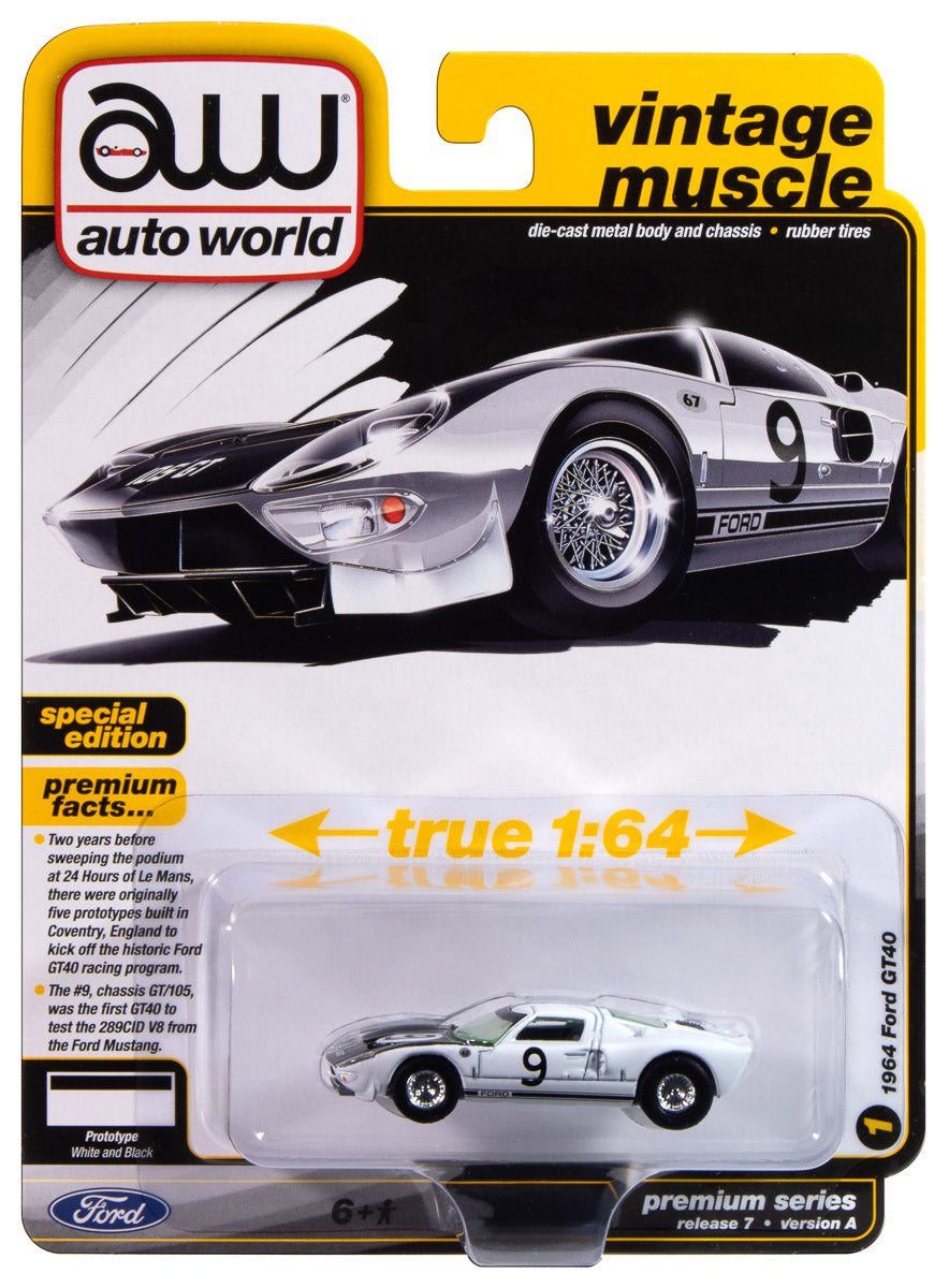 Auto World 1964 Ford GT40 (Gloss White w/Black Upper Front) 1:64 Diecast