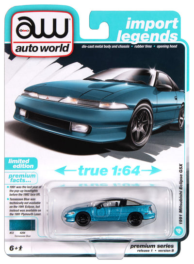 "PRE-ORDER" Auto World 1991 Mitsubishi Eclipse GSX (Tennessee Blue) 1:64 Diecast (DUE MAY 2025)